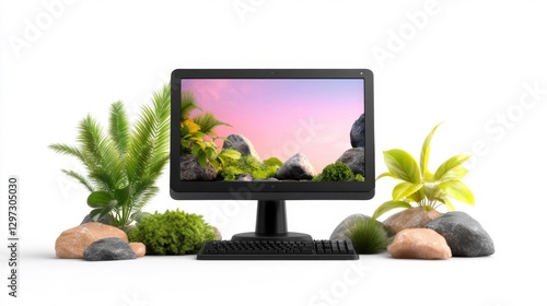 Modern All-in-One Black Desktop Computer with Keyboard Mouse and Plants on White Isolated Background. Generative AI photo