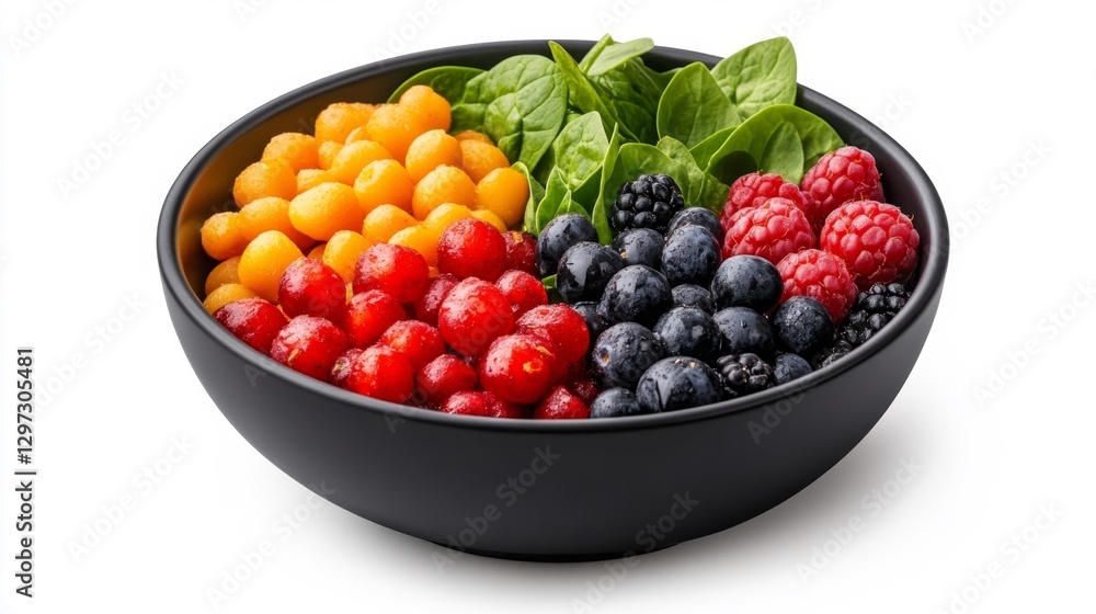 Fresh fruit salad bowl with vibrant berries and spinach leaves isolated on a white background. Generative AI Fresh fruit salad bowl with vibrant berries and spinach leaves isolated on a white background. Generative AI