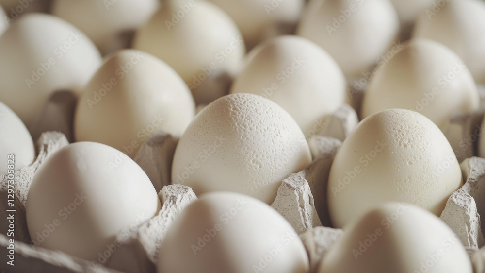 Close-up of fresh white eggs in a carton with natural texture and soft lighting Close-up of fresh white eggs in a carton with natural texture and soft lighting