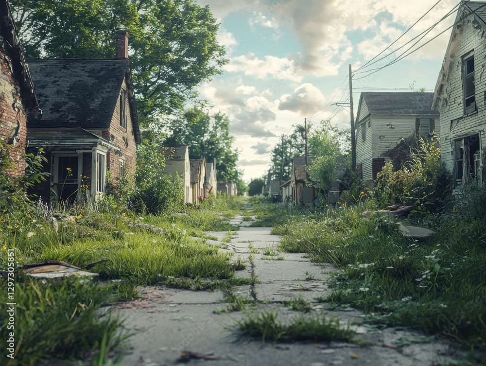 Obraz premium Overgrown abandoned suburban street with cracked pavement and lush greenery