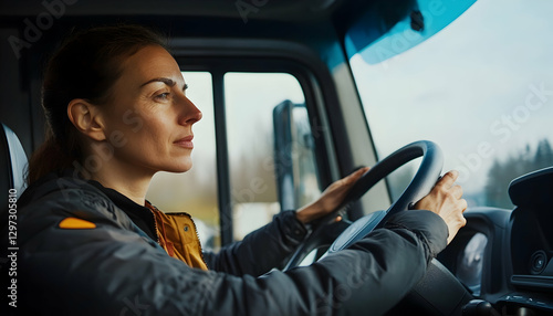 Concentrated woman driving a heavy goods vehicle  -
