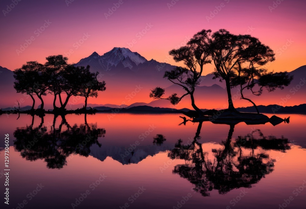 essence tree silhouettes serene landscapes featuring majestic calm tranquil skies dusk, mountain, water, sky, nature, forest, horizon, sunset, misty essence tree silhouettes serene landscapes featuring majestic calm tranquil skies dusk, mountain, water, sky, nature, forest, horizon, sunset, misty