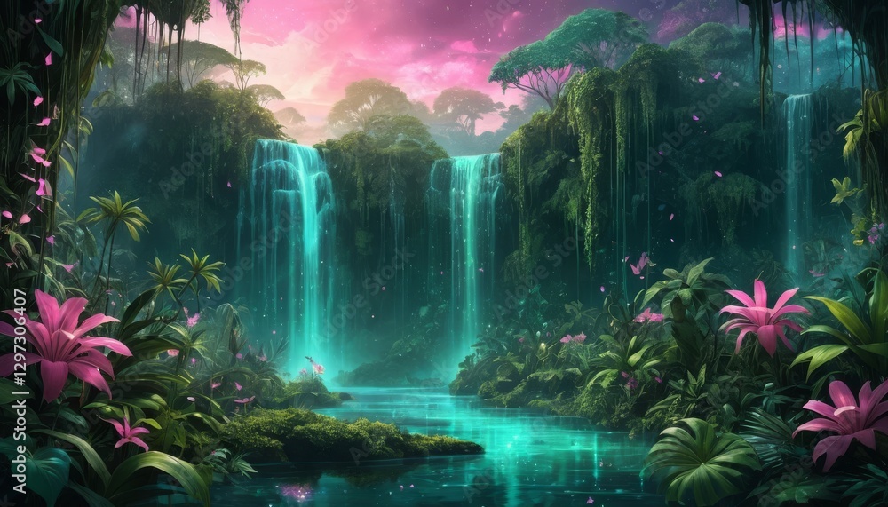 Fototapeta premium A lush jungle with cascading waterfalls shimmers under an aquamarine dusk, showcasing bioluminescent plants