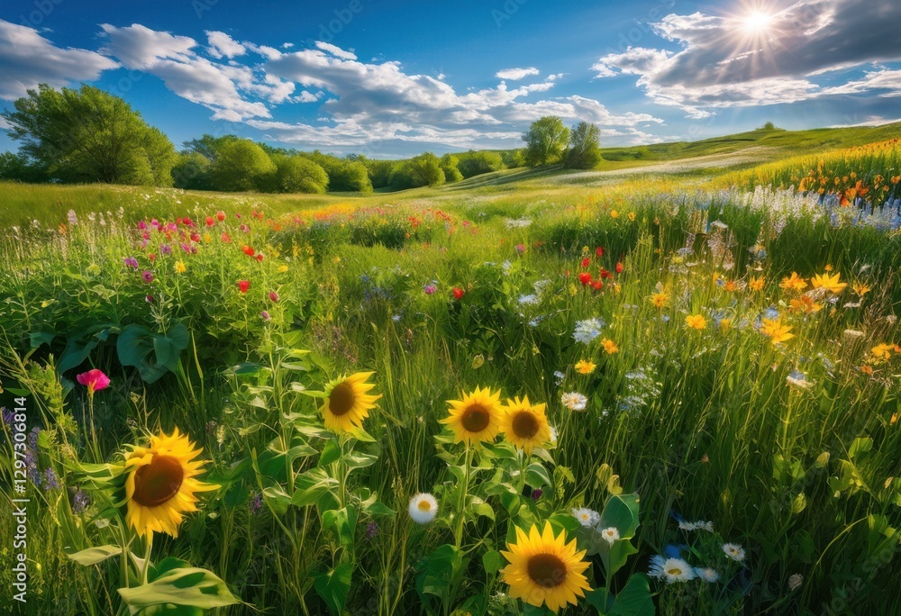 Obraz premium vibrant summer landscapes filled colorful flowers lush greenery under bright sunshine, scenery, meadow, garden, sunlight, bloom, petal, leaf, blossom