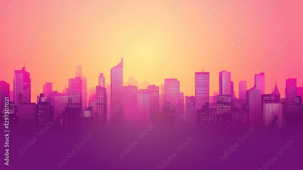 Fototapeta premium Pink city skyline sunset, hazy urban background, ideal for design