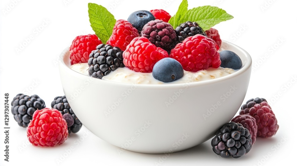 Fresh Berry Bowl with Yogurt and Mint Leaves on White Background. Generative AI Fresh Berry Bowl with Yogurt and Mint Leaves on White Background. Generative AI