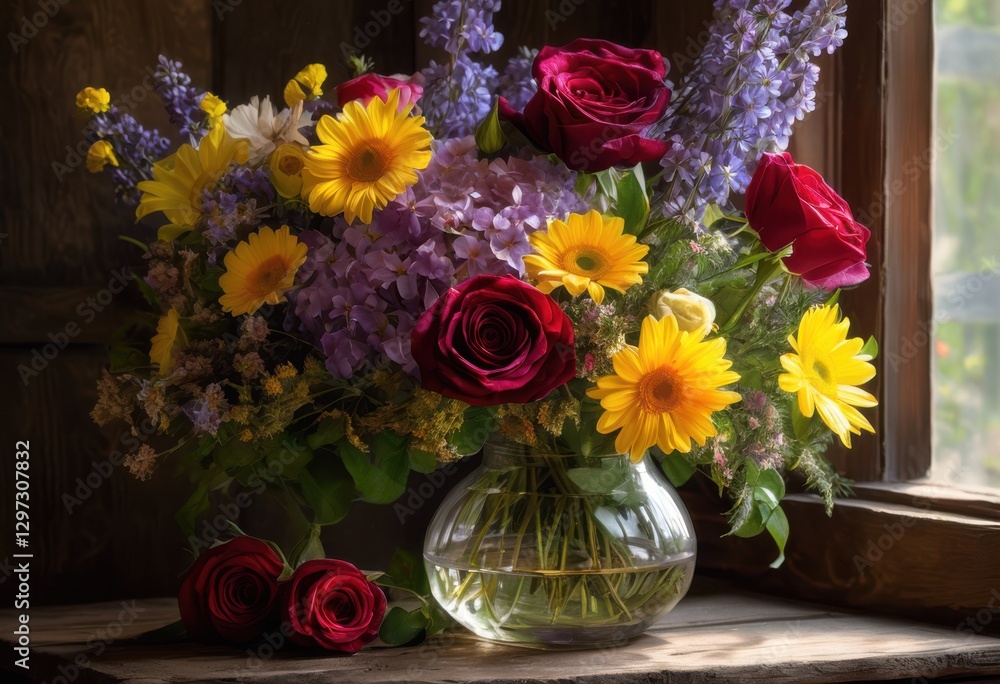 Fototapeta premium stunning vibrant spring floral still life arrangement lush blooming natural textures captivating visual appeal, bouquet, flowers, blossom, petal, garden