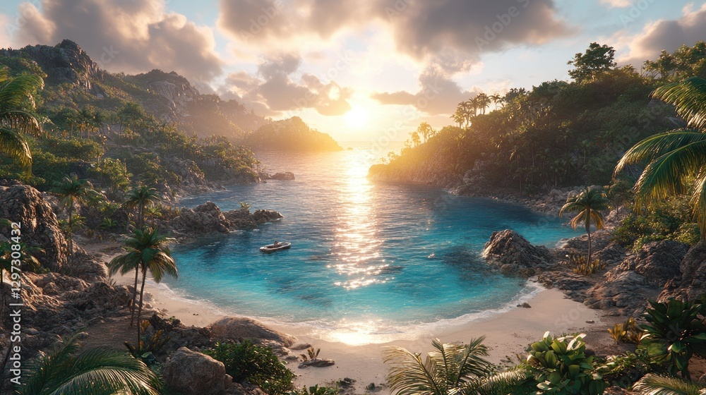 Fototapeta premium Stunning tropical bay at sunset with small boat, idyllic beach, lush vegetation, and dramatic mountains