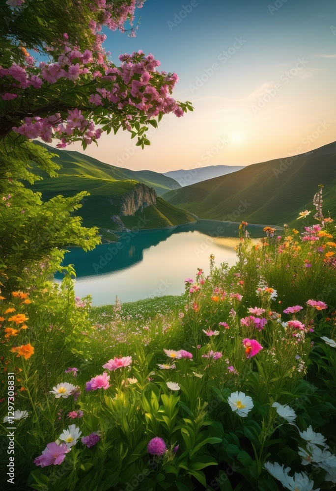 Naklejka premium lush green foliage vibrant flowers set stunning scenic backdrop bounty, blooms, blossoms, petals, greenery, vegetation, plants, landscape, scenery