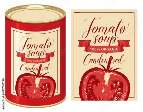 Vector banner for condensed tomato soup. Illustration of a label with a ripe half realistic red tomato and a tin can with this label. Canned food during quarantine, long-term storage product