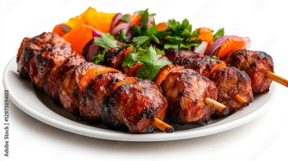 Lamb Kebabs Grilled with Vegetables on Skewers Isolated on White Plate. Generative AI Lamb Kebabs Grilled with Vegetables on Skewers Isolated on White Plate. Generative AI