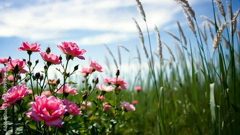 Gentle Breeze Through Pink Roses and Grass Field Background Video Footage Gentle Breeze Through Pink Roses and Grass Field Background Video Footage