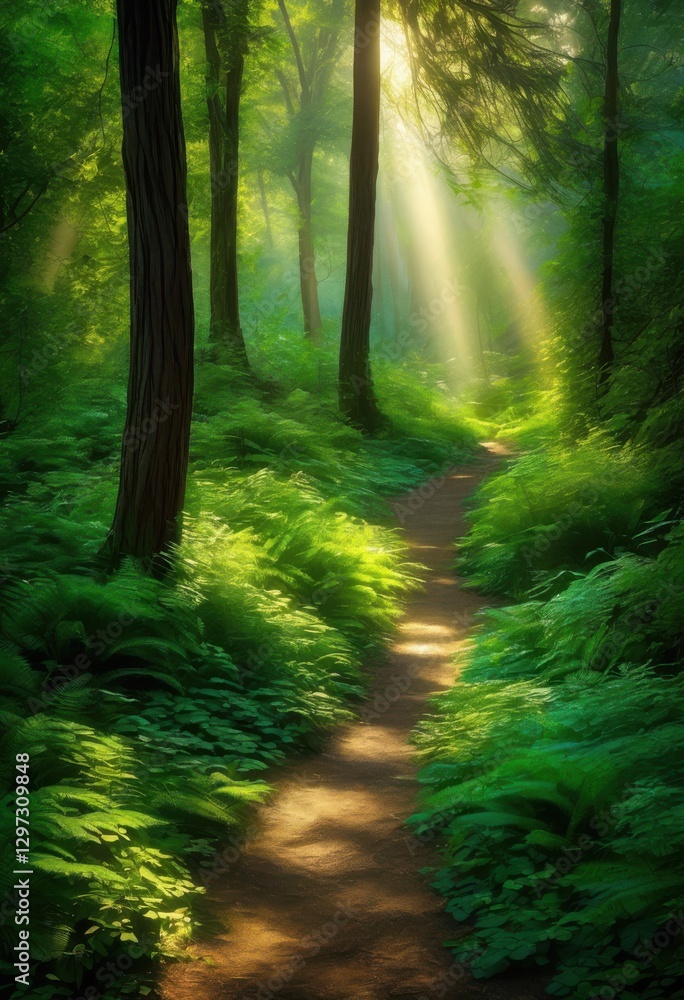 Fototapeta premium serene enchanted forest path bathed soft natural light intricate shadows creating magical journey through lush greenery, nature, trees, woodland, foliage
