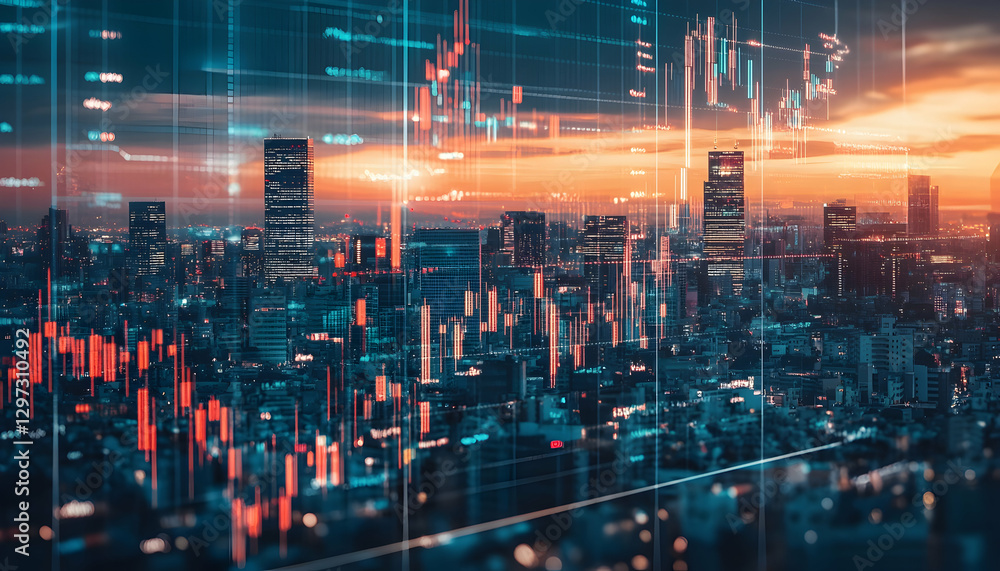 Fototapeta premium Double exposure of business chart and cityscape, representing investment and trading -