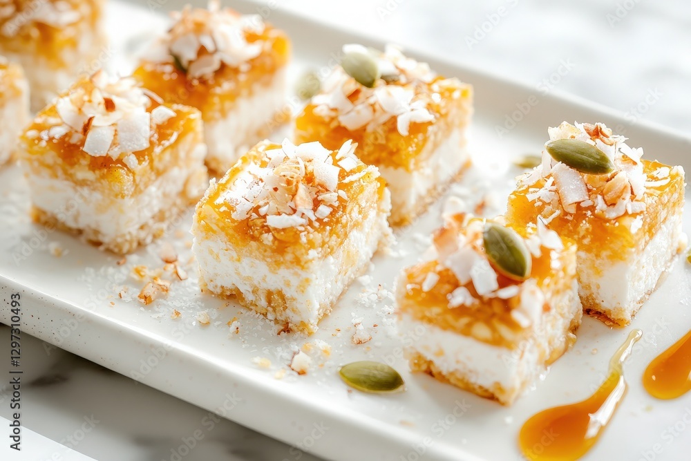 Minimalistic Presentation of Neatly Arranged Bars with Coconut Flakes, Honey Drizzle, and Pumpkin Seeds on a Sleek White Marble Plate Highlighting Clean Lines and Textures Minimalistic Presentation of Neatly Arranged Bars with Coconut Flakes, Honey Drizzle, and Pumpkin Seeds on a Sleek White Marble Plate Highlighting Clean Lines and Textures