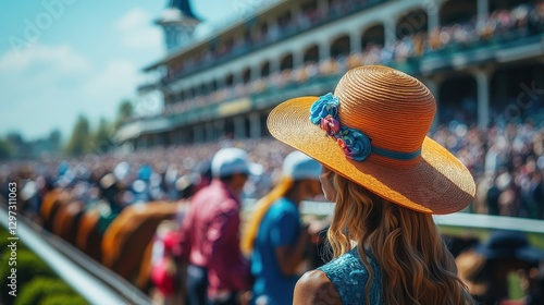 An elegant and lively scene of the Kentucky Derby, featuring stylish attendees dressed in elaborate hats and fashionable outfits. The background includes the race track with horses and jockeys photo