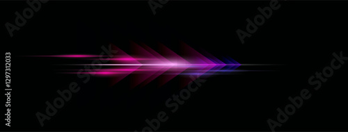 Neon light trail, glowing arrow banner, abstract pink blue laser background with dynamic speed rays. Electric energy effect for web, branding