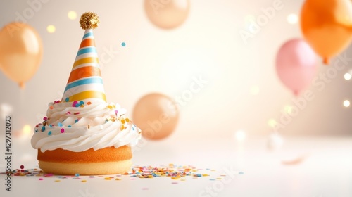 Cupcake with Party Hat and Confetti Balloons in the Background Isolated on White. Generative AI photo