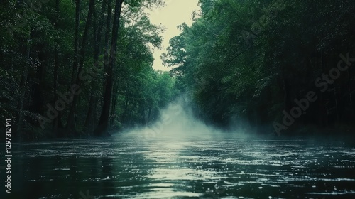Misty river flowing through a dark, lush forest.