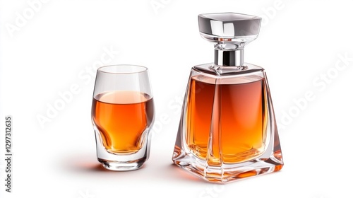 A freshly opened bottle of whiskey with a shot glass beside it isolated on a white background. Generative AI