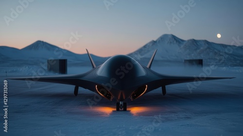 A modern jet aircraft is showcased on a glistening icy airstrip, bathed in the warm hues of sunrise, highlighting its stunning form and design by the backdrop of snowy mountains.