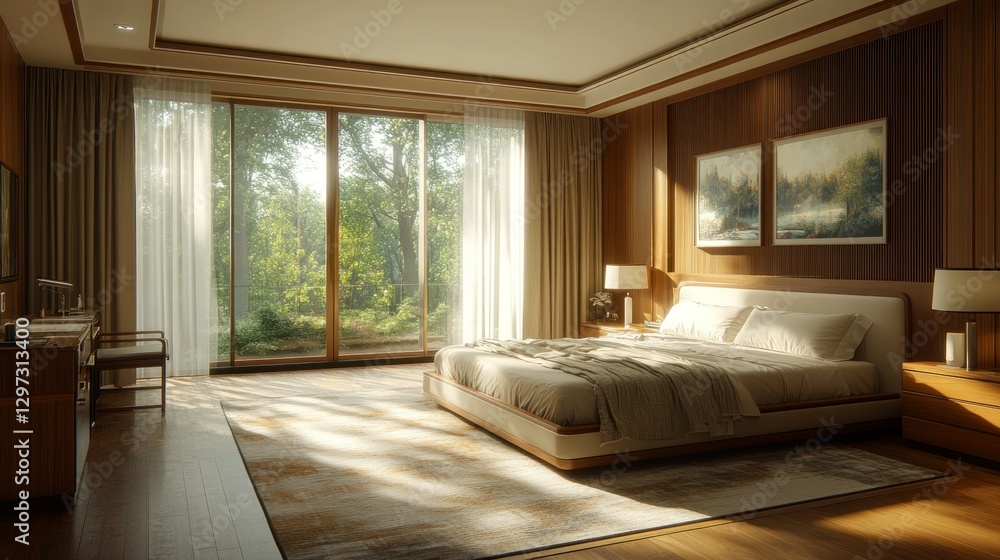 Sunny modern bedroom with forest view, interior design Sunny modern bedroom with forest view, interior design