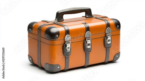 A vintage leather suitcase with sturdy metal fastenings and a well-worn brown finish isolated on white background. Generative AI photo