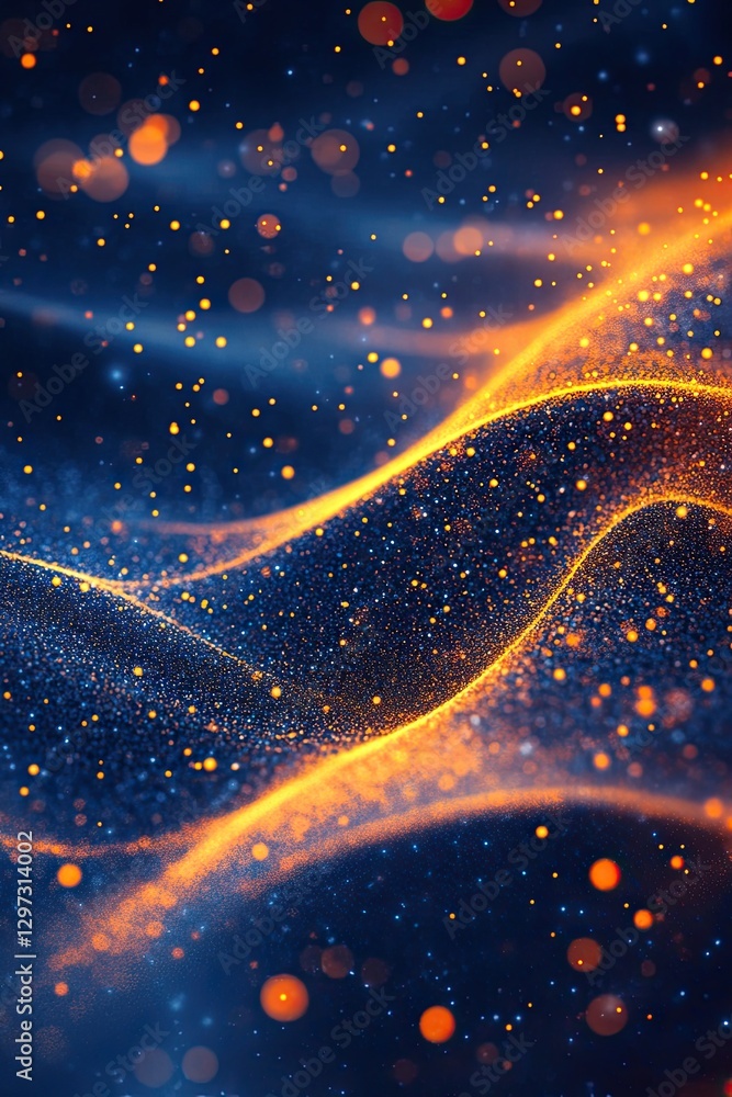 Obraz premium Abstract glowing wave of golden and blue particles with dynamic motion and bokeh light effect