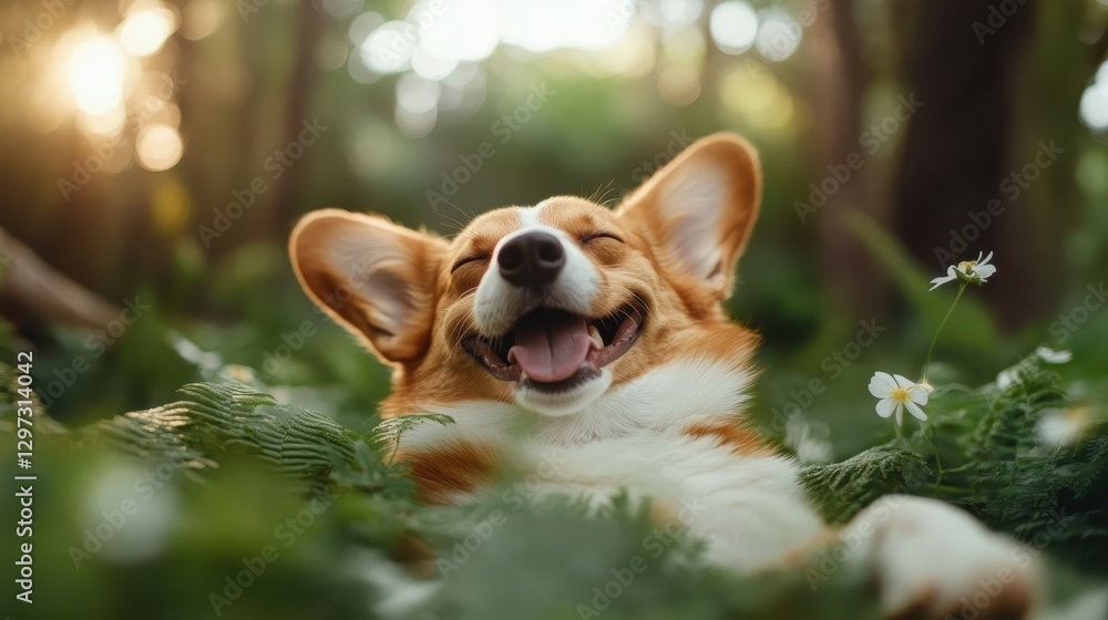 A joyful corgi lies back comfortably in a sunlit forest glade, surrounded by ferns, embodying the bliss of nature and the simple pleasures of life and companionship. A joyful corgi lies back comfortably in a sunlit forest glade, surrounded by ferns, embodying the bliss of nature and the simple pleasures of life and companionship.