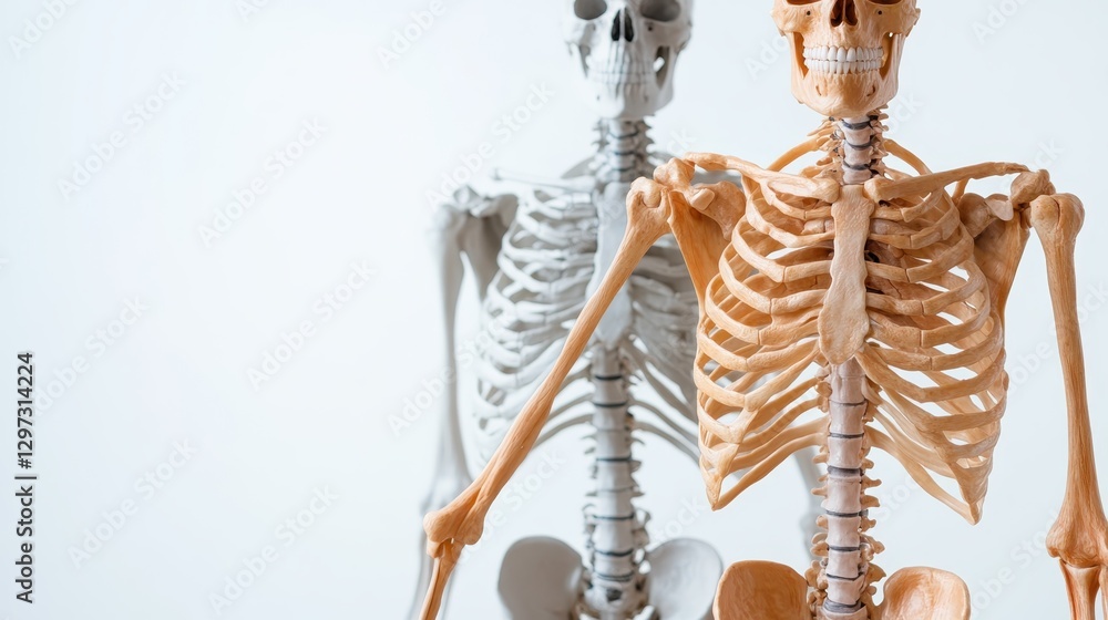 This image features two human skeleton models, highlighting their anatomical structure and details against a plain white background, emphasizing the concept of human anatomy. This image features two human skeleton models, highlighting their anatomical structure and details against a plain white background, emphasizing the concept of human anatomy.