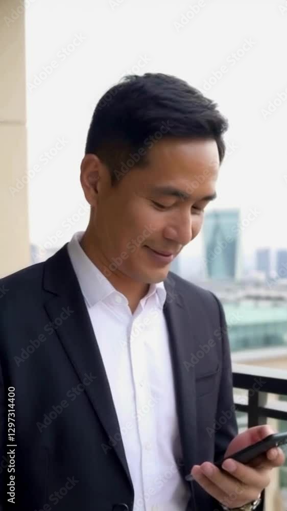Closeup of Smiling Asian Businessman in Formal Suit Checking Smartphone on Urban Balcony with City Skyline Background, Professional Success Closeup of Smiling Asian Businessman in Formal Suit Checking Smartphone on Urban Balcony with City Skyline Background, Professional Success