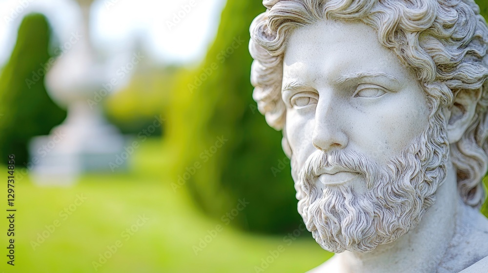 Fototapeta premium Marble bust, serene garden, classical features, history, education