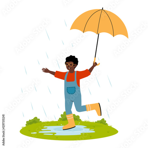 Child playing in the rain with an umbrella on a puddle during a joyful moment outdoors