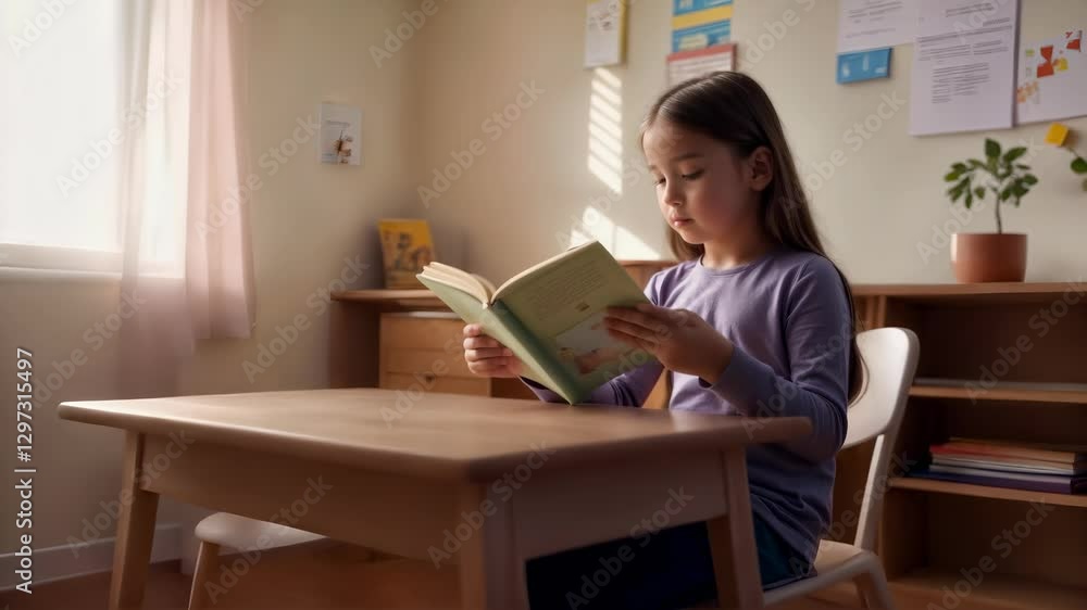 Focused Young Girl Reading Book at Wooden Table in Bright Study Room with Natural Light, Early Learning Education Concept Focused Young Girl Reading Book at Wooden Table in Bright Study Room with Natural Light, Early Learning Education Concept