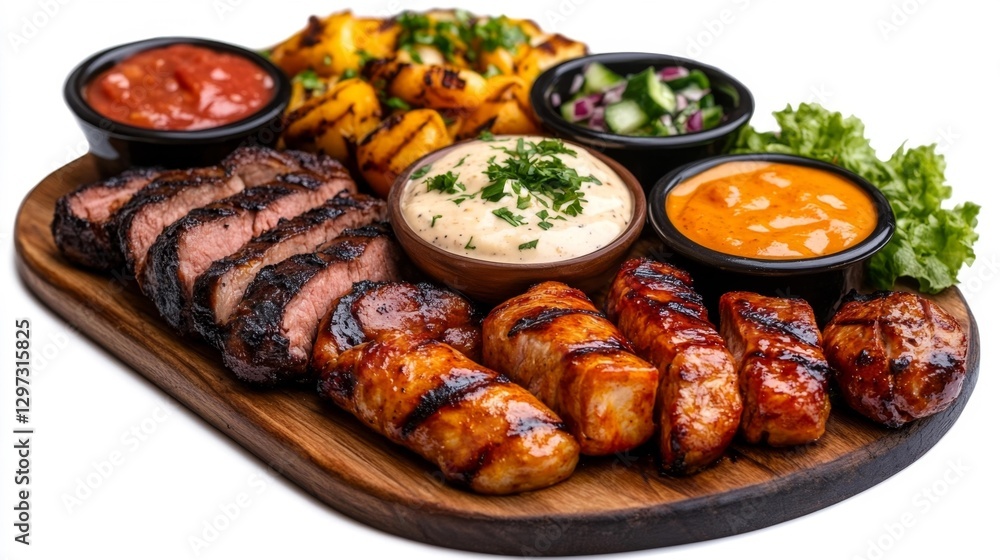 Grilled Meat Platter with Sauces and Vegetables on a Wooden Board. Generative AI Grilled Meat Platter with Sauces and Vegetables on a Wooden Board. Generative AI