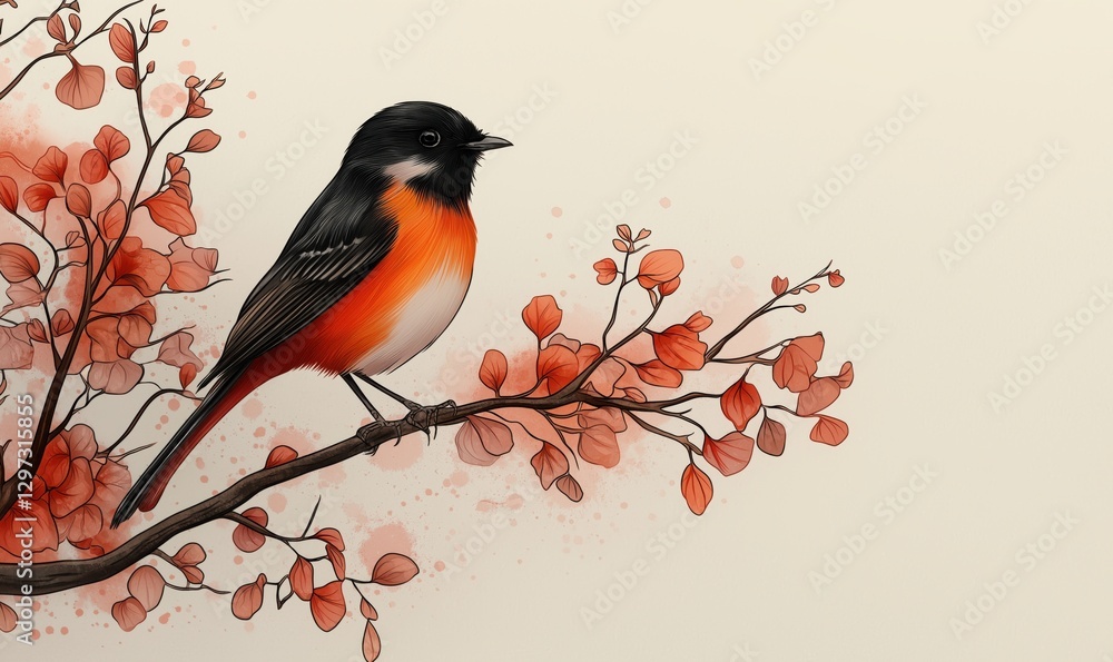 Fototapeta premium A vibrant bird with orange and black feathers sits on a slender branch adorned with delicate autumn leaves