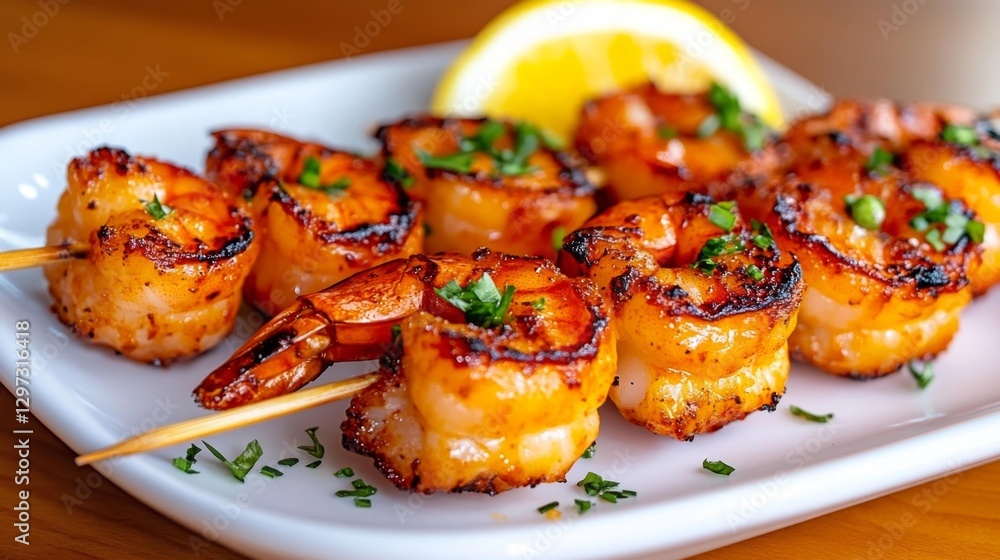 Grilled shrimp skewers garnished with fresh herbs and served with a lemon wedge isolated on white background. Generative AI Grilled shrimp skewers garnished with fresh herbs and served with a lemon wedge isolated on white background. Generative AI