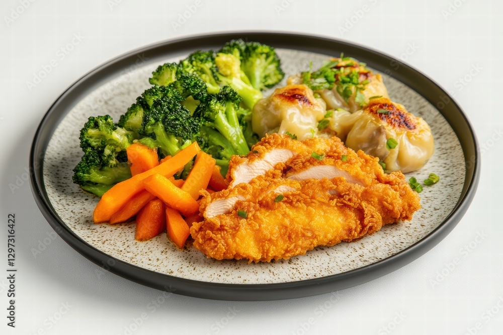 Delicious fried chicken served with steamed broccoli, carrots, and dumplings on a plate Delicious fried chicken served with steamed broccoli, carrots, and dumplings on a plate