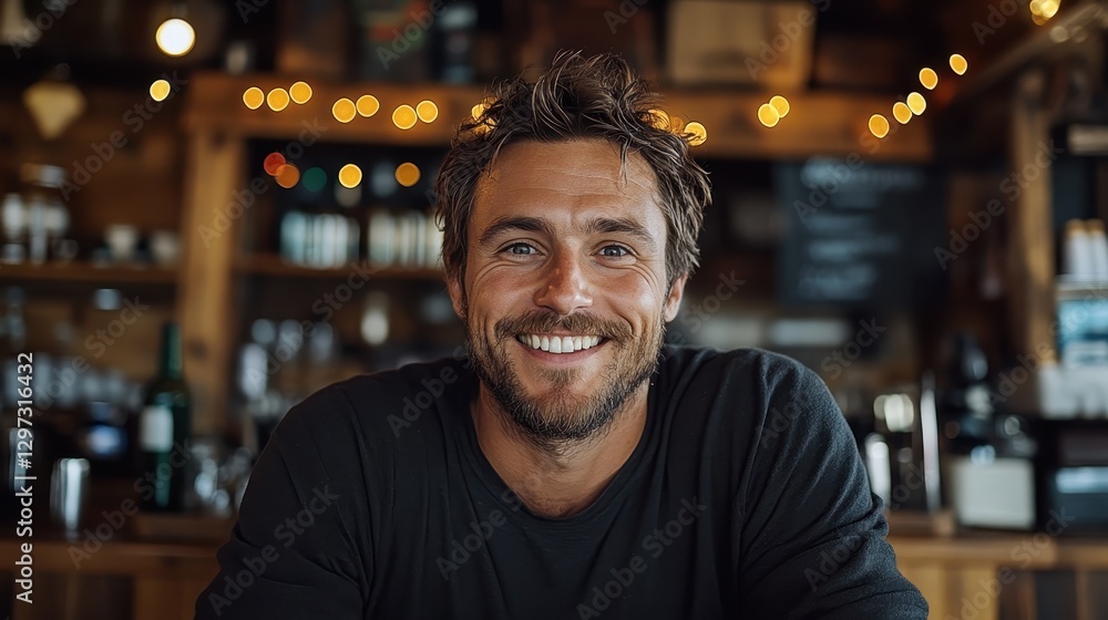 A warm and inviting portrait of a smiling man in a café, highlighting his friendly demeanor and engaging personality amidst a cozy setting filled with soft lights and rustic charm. A warm and inviting portrait of a smiling man in a café, highlighting his friendly demeanor and engaging personality amidst a cozy setting filled with soft lights and rustic charm.