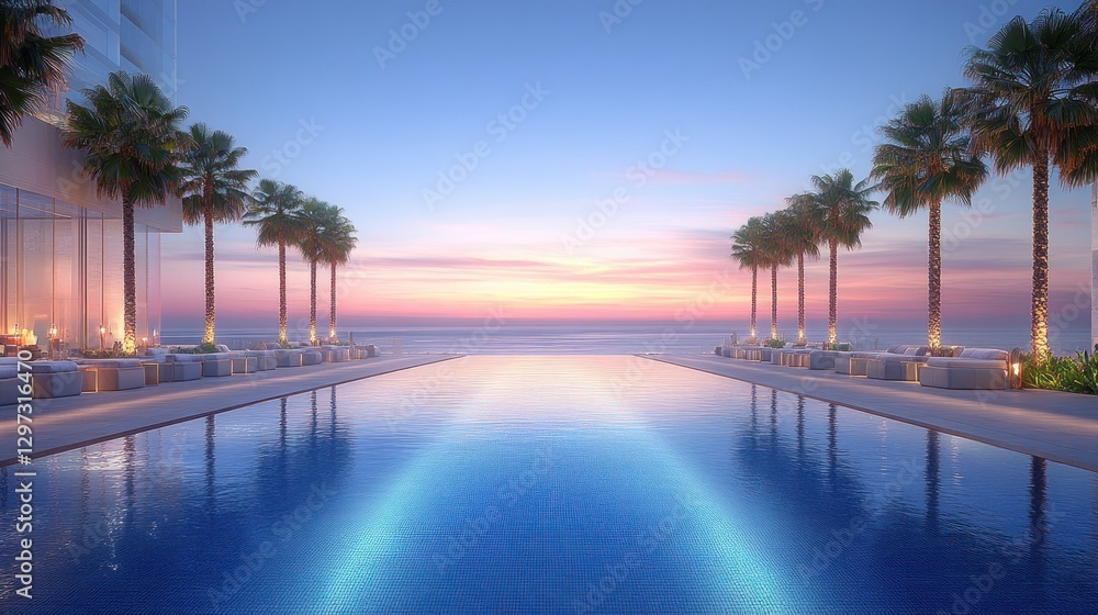 Obraz premium Sunset infinity pool at modern beachfront resort