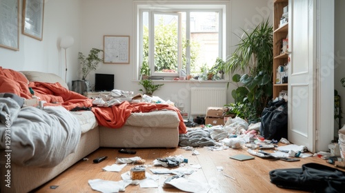 Messy Living Room, Cluttered Home, Disorganized, Home Interior, Potential for Chaos, Background, Organization Problem,  Untidy