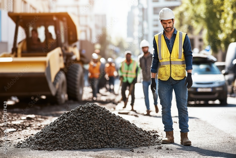 custom made wallpaper toronto digitalA group of construction workers actively engaged in their tasks around a large pile of gravel on a city street, with machinery and vehicles present