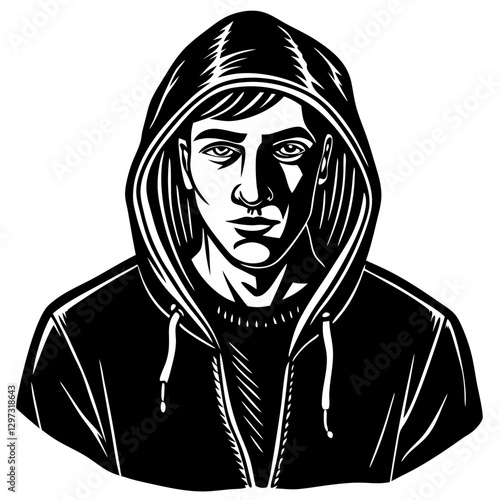 Man Wearing Hoodie,  Icon in Black and White