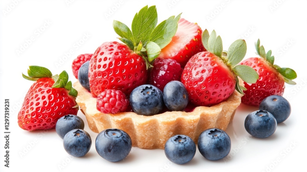 A delicious fruit tart with strawberries blueberries and raspberries arranged with a white background. Generative AI A delicious fruit tart with strawberries blueberries and raspberries arranged with a white background. Generative AI