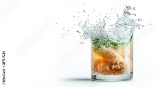 A refreshing beverage splashes dramatically in a clear glass, capturing the essence of coolness and vitality, ideal for a hot day or invigorating experience.