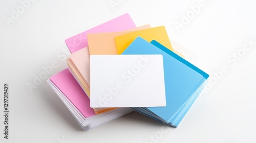 Stack of colorful blank business cards isolated on white background in minimalistic design. Generative AI photo