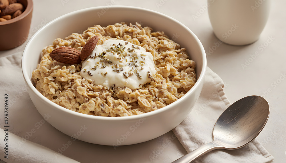 Bowl of oatmeal topped with yogurt, almonds, and chia seeds on a light table setting Bowl of oatmeal topped with yogurt, almonds, and chia seeds on a light table setting
