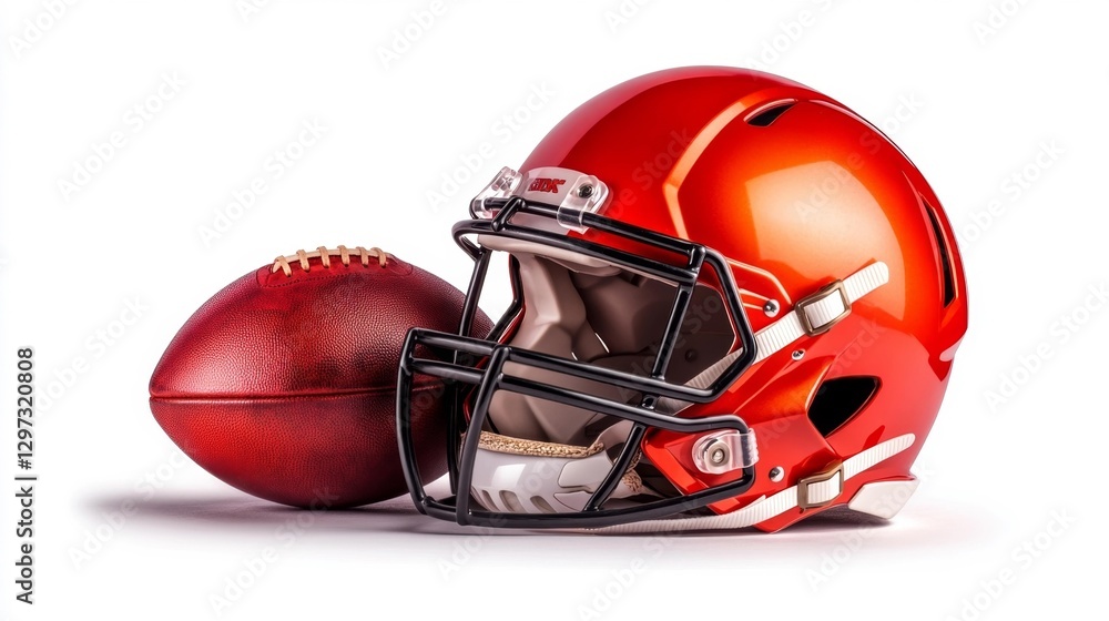 Fototapeta premium Bright Red Football Helmet and Ball Isolated on White Background. Generative AI