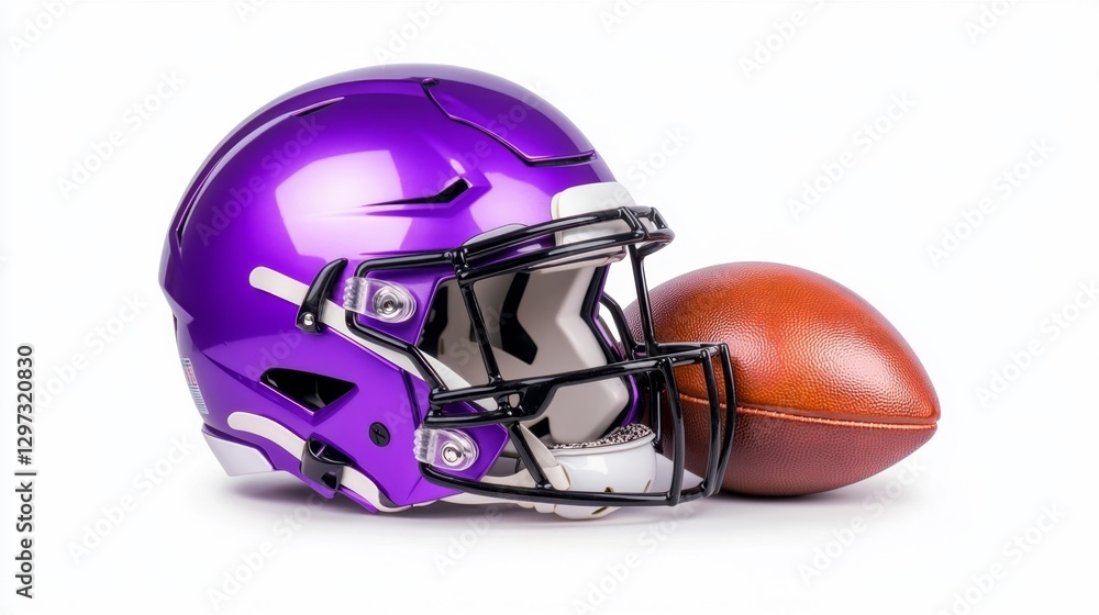 Fototapeta premium Purple Football Helmet and Football Isolated on White Background. Generative AI