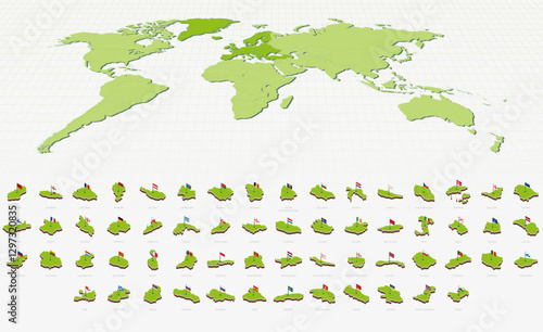 European Maps and Flags in Isometric Style. Isometric Maps Collection